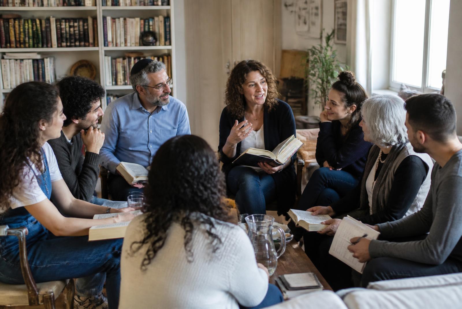 A lively multigenerational Jewish book group listening as a woman leads the discussion